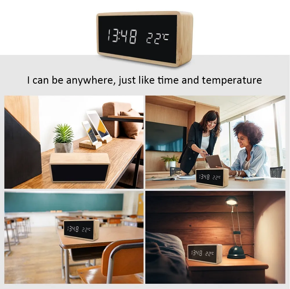 Wooden Alarm Night Light Clock LED Display Mirror Temperature Digital Watch Electronic Watch