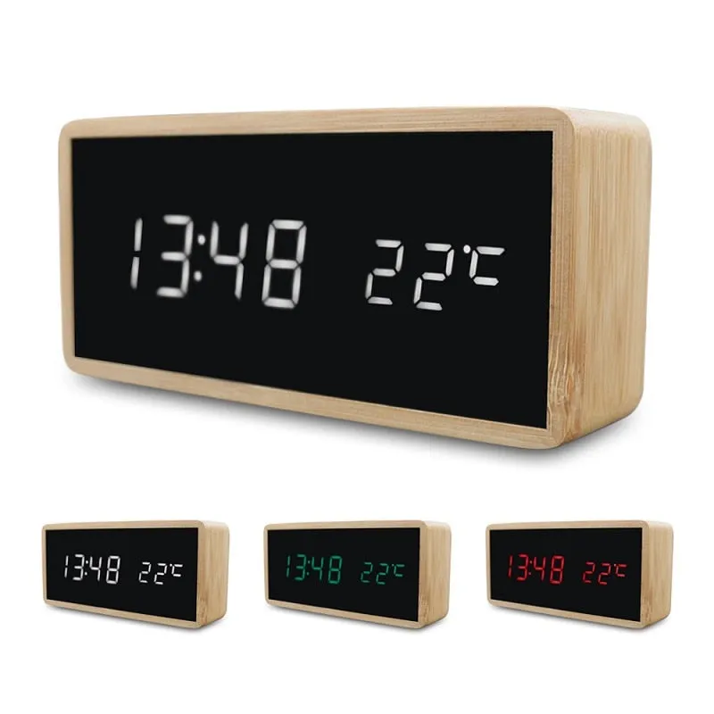Wooden Alarm Night Light Clock LED Display Mirror Temperature Digital Watch Electronic Watch