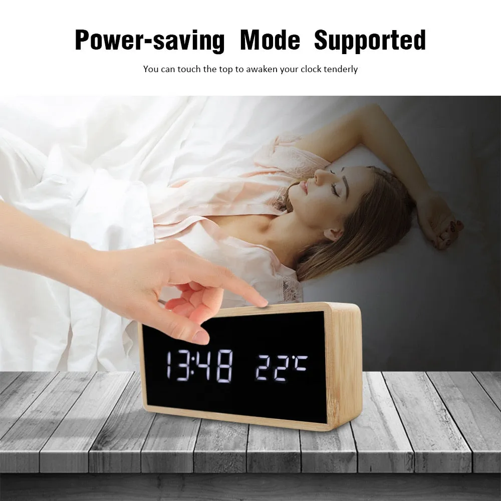 Wooden Alarm Night Light Clock LED Display Mirror Temperature Digital Watch Electronic Watch