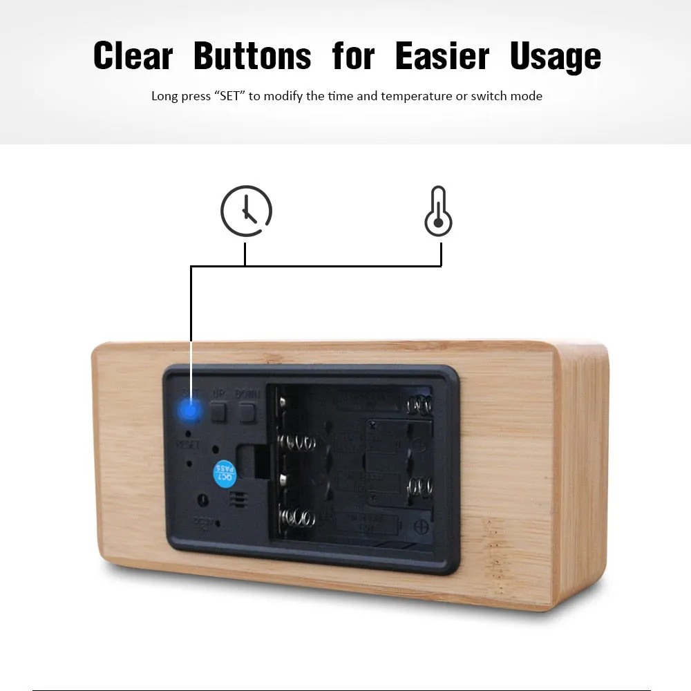Wooden Alarm Night Light Clock LED Display Mirror Temperature Digital Watch Electronic Watch