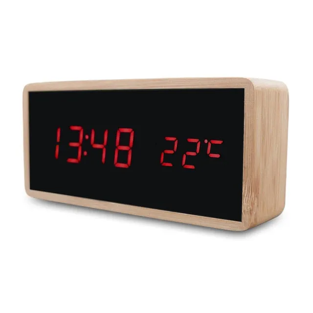 Wooden Alarm Night Light Clock LED Display Mirror Temperature Digital Watch Electronic Watch