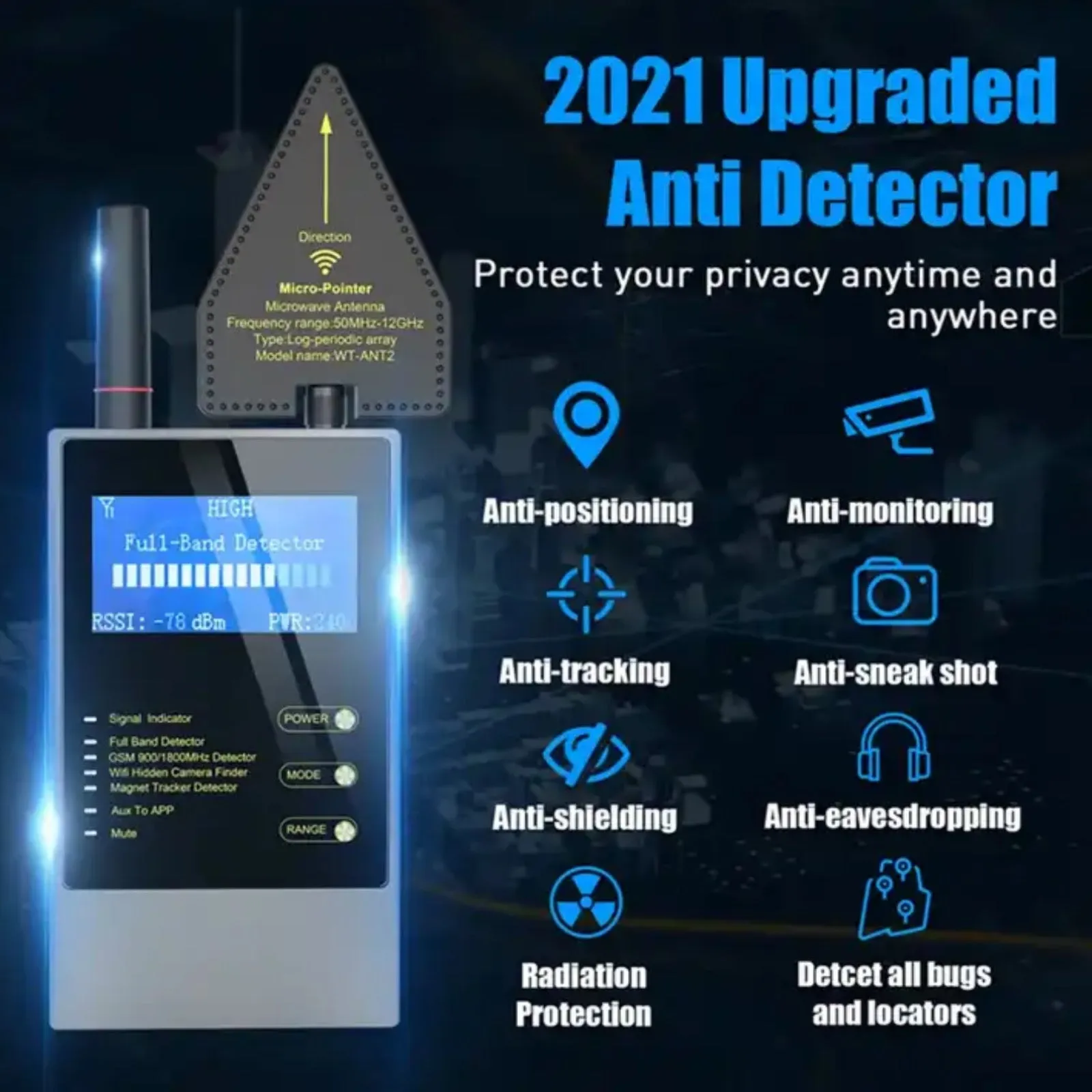 WT10 Anti Bug Sweep Full Band Detector GSM Audio GPS Tracker WIFI Hidden Camera Finder