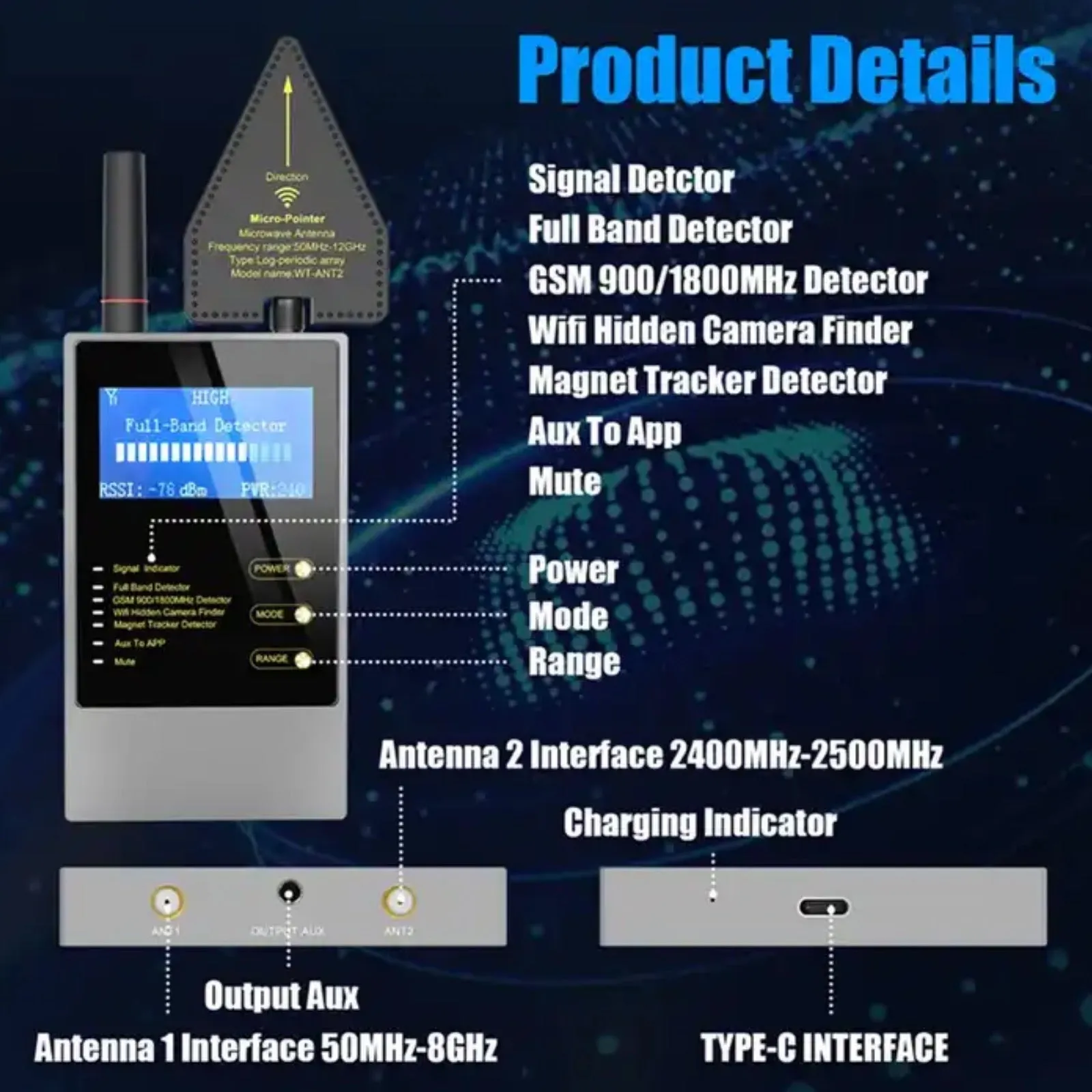 WT10 Anti Bug Sweep Full Band Detector GSM Audio GPS Tracker WIFI Hidden Camera Finder
