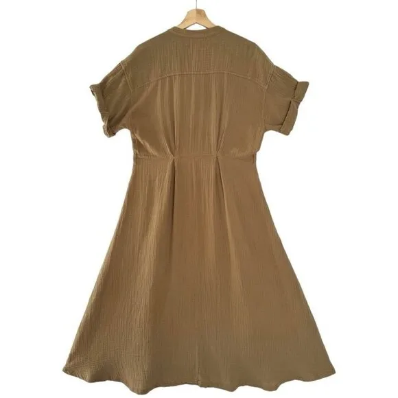 Xirena Cate 100% Cotton Khaki Button Front Short Rolled Sleeve Midi Shirt Dress