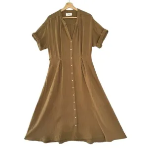 Xirena Cate 100% Cotton Khaki Button Front Short Rolled Sleeve Midi Shirt Dress