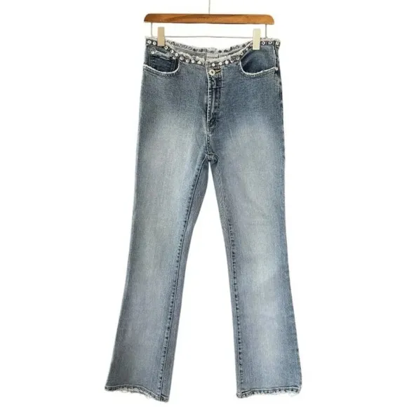 Y2K Vintage Parasuco Mid Rise Clear Rhinestone Raw Waist Flare Leg Jeans Size 4