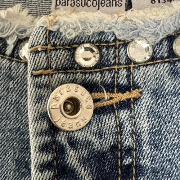 Y2K Vintage Parasuco Mid Rise Clear Rhinestone Raw Waist Flare Leg Jeans Size 4