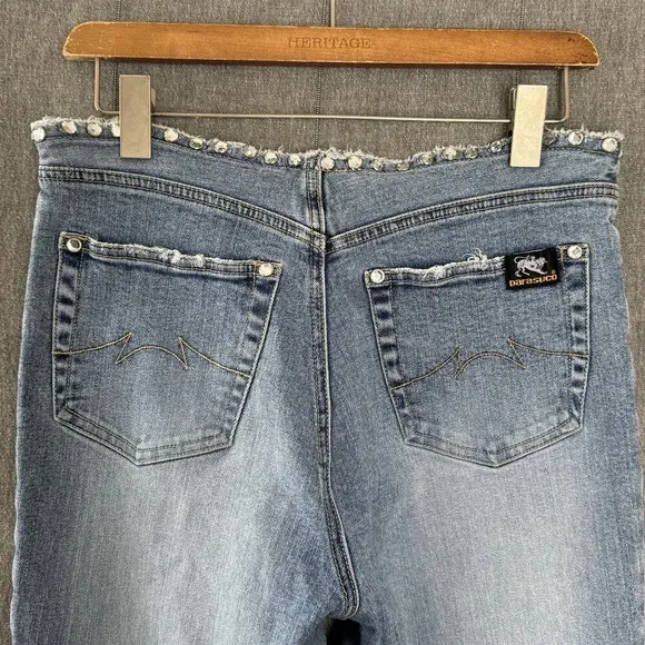 Y2K Vintage Parasuco Mid Rise Clear Rhinestone Raw Waist Flare Leg Jeans Size 4