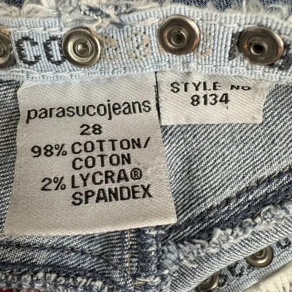 Y2K Vintage Parasuco Mid Rise Clear Rhinestone Raw Waist Flare Leg Jeans Size 4