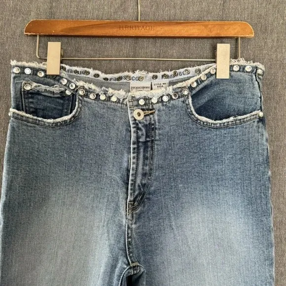 Y2K Vintage Parasuco Mid Rise Clear Rhinestone Raw Waist Flare Leg Jeans Size 4