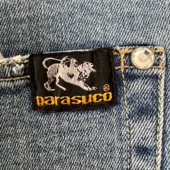 Y2K Vintage Parasuco Mid Rise Clear Rhinestone Raw Waist Flare Leg Jeans Size 4