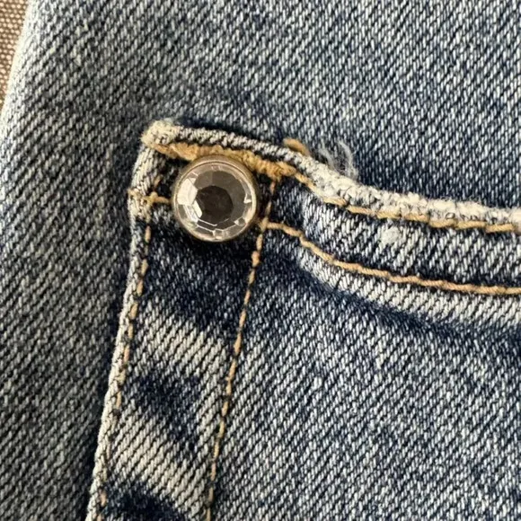 Y2K Vintage Parasuco Mid Rise Clear Rhinestone Raw Waist Flare Leg Jeans Size 4