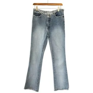 Y2K Vintage Parasuco Mid Rise Clear Rhinestone Raw Waist Flare Leg Jeans Size 4