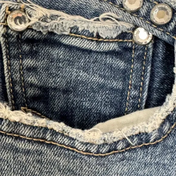 Y2K Vintage Parasuco Mid Rise Clear Rhinestone Raw Waist Flare Leg Jeans Size 4