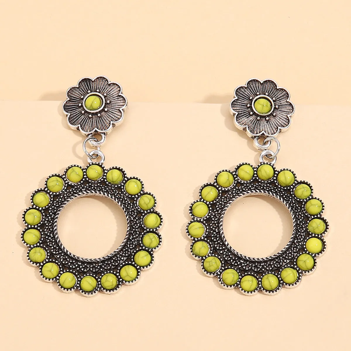 Yellow Turquoise & Silver-Plated Flower Drop Earrings