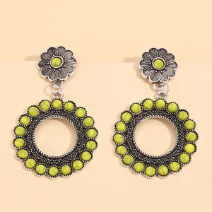 Yellow Turquoise & Silver-Plated Flower Drop Earrings