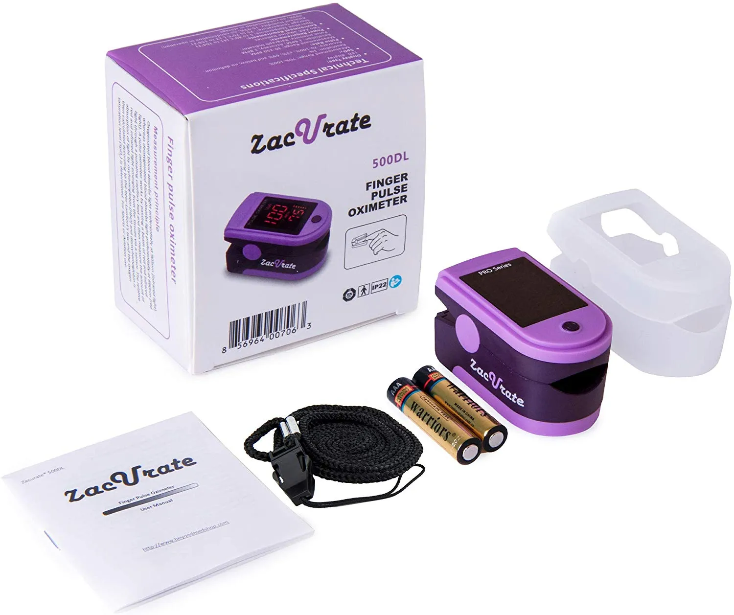 Zacurate Pro Series 500DL Fingertip Pulse Oximeter Blood Oxygen Saturation Monitor with Silicon Cover, Batteries & Lanyard (Mystic Purple)