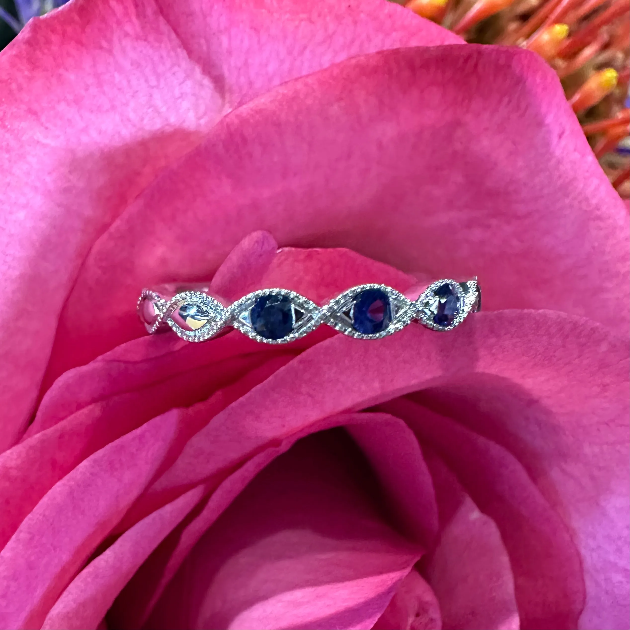 Zeghani Sapphire Twisted Stackable Band 14K White Gold Ring ZR1609