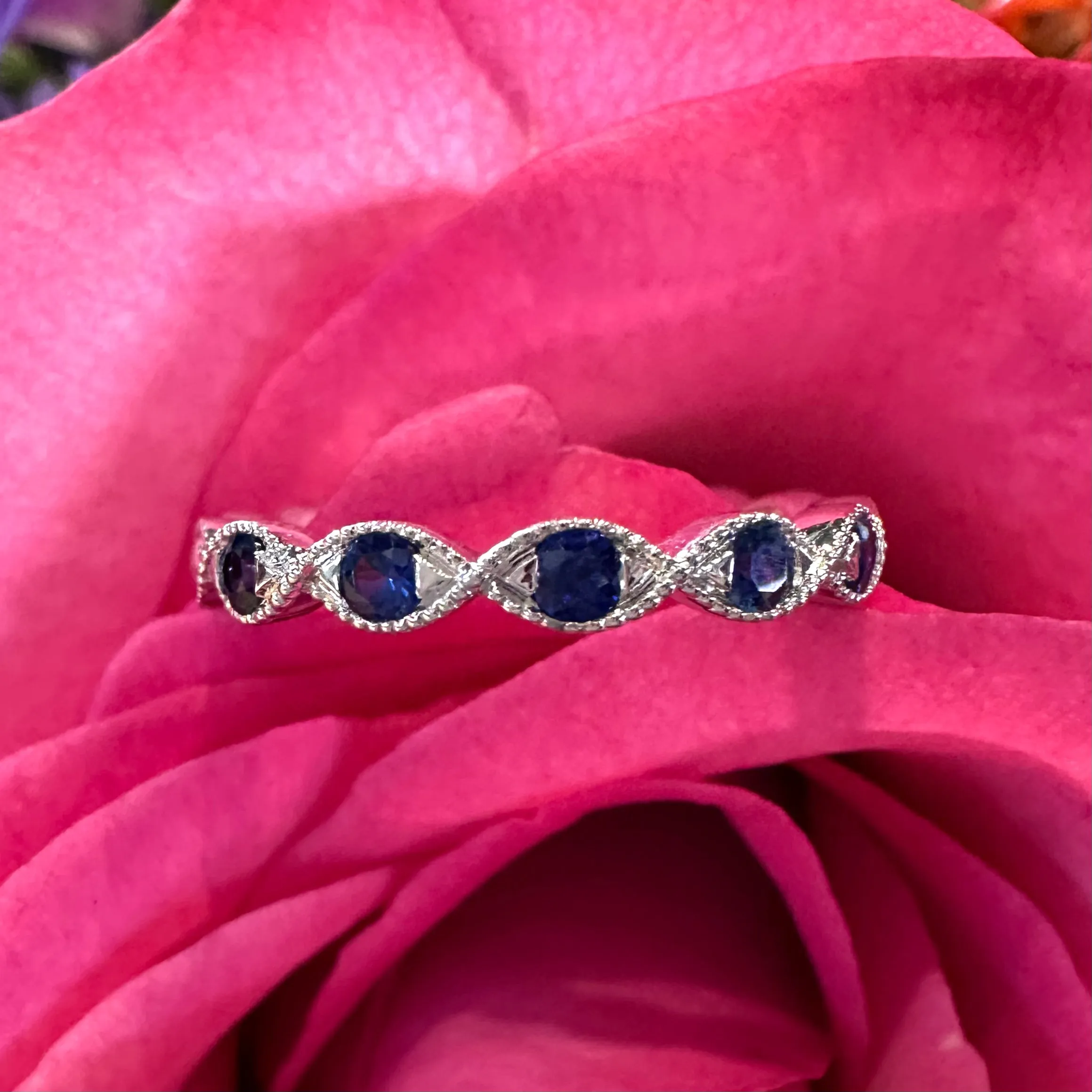 Zeghani Sapphire Twisted Stackable Band 14K White Gold Ring ZR1609