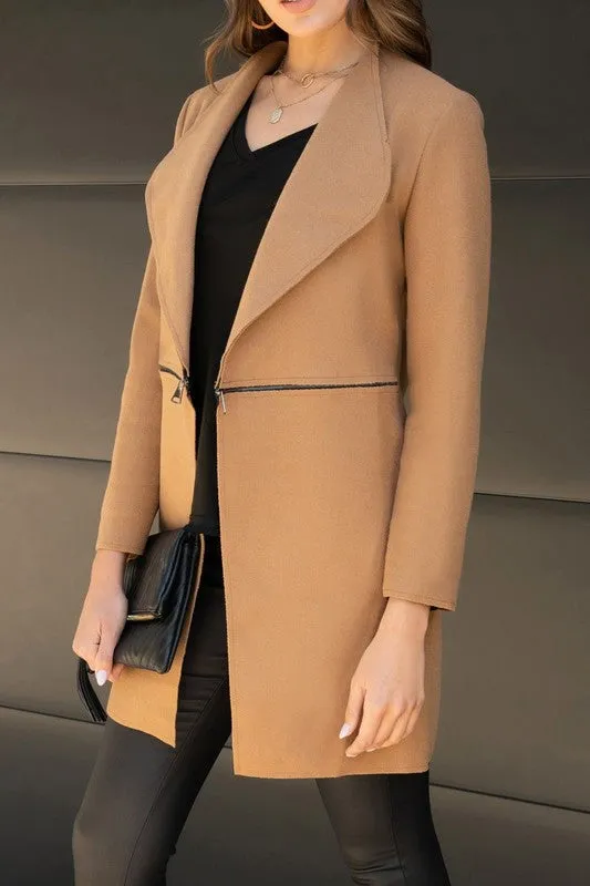 Zipper Detailed Felt Wool Trench Coat