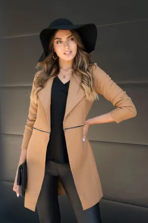 Zipper Detailed Felt Wool Trench Coat