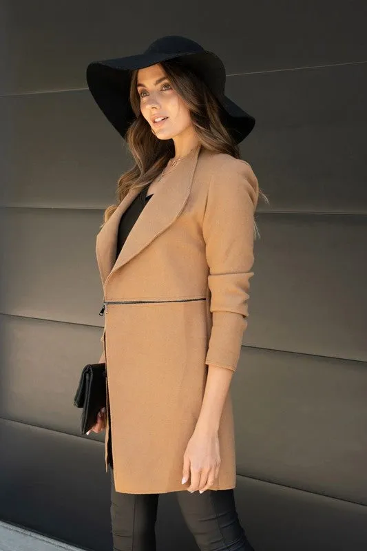 Zipper Detailed Felt Wool Trench Coat