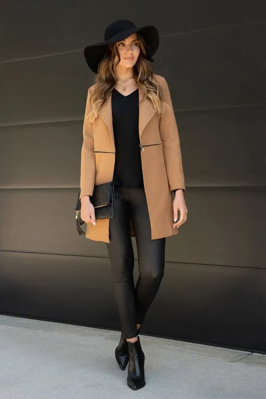 Zipper Detailed Felt Wool Trench Coat