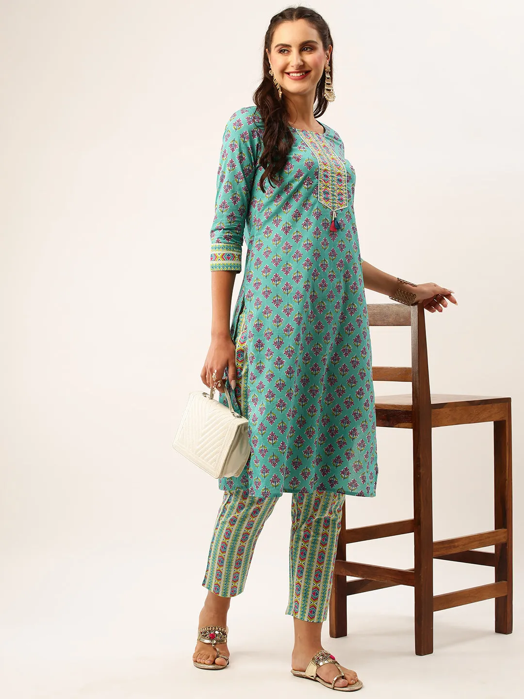 ZOLA Exclusive Round Neck Cotton All over Floral Block Print 3/4th Sleeves Aqua Kurta Set For Women