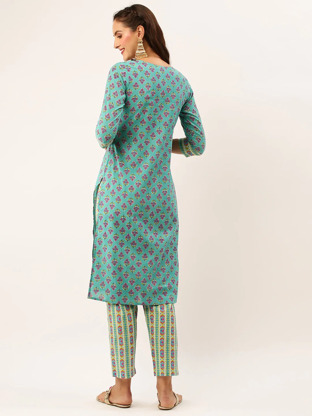 ZOLA Exclusive Round Neck Cotton All over Floral Block Print 3/4th Sleeves Aqua Kurta Set For Women