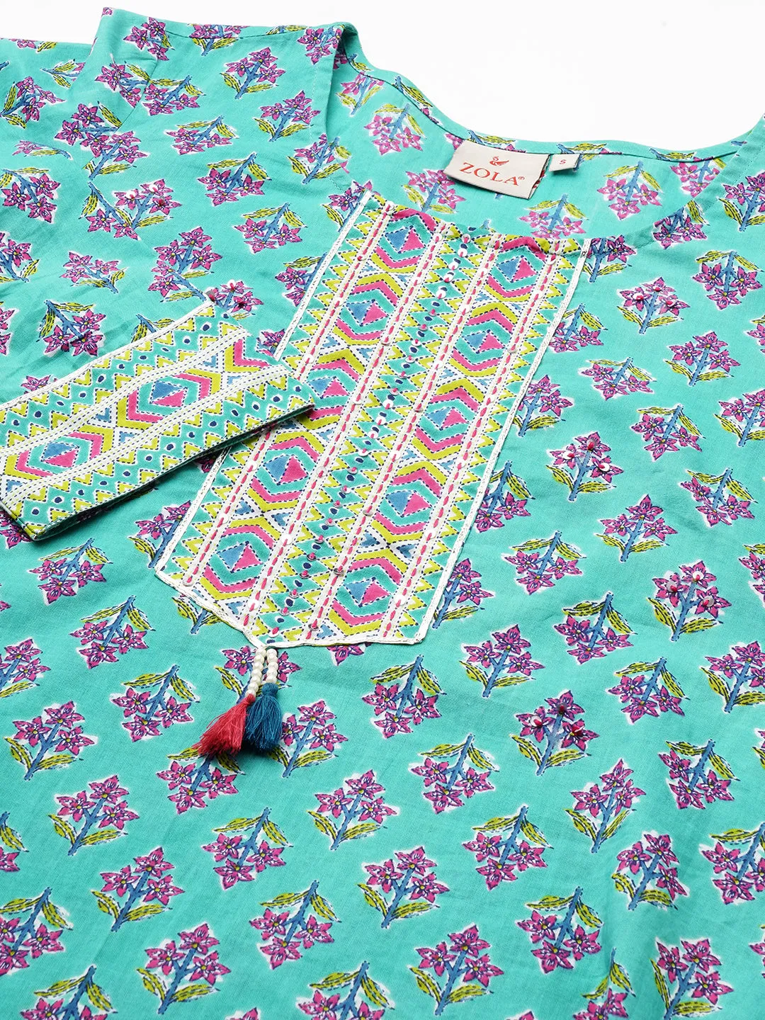 ZOLA Exclusive Round Neck Cotton All over Floral Block Print 3/4th Sleeves Aqua Kurta Set For Women