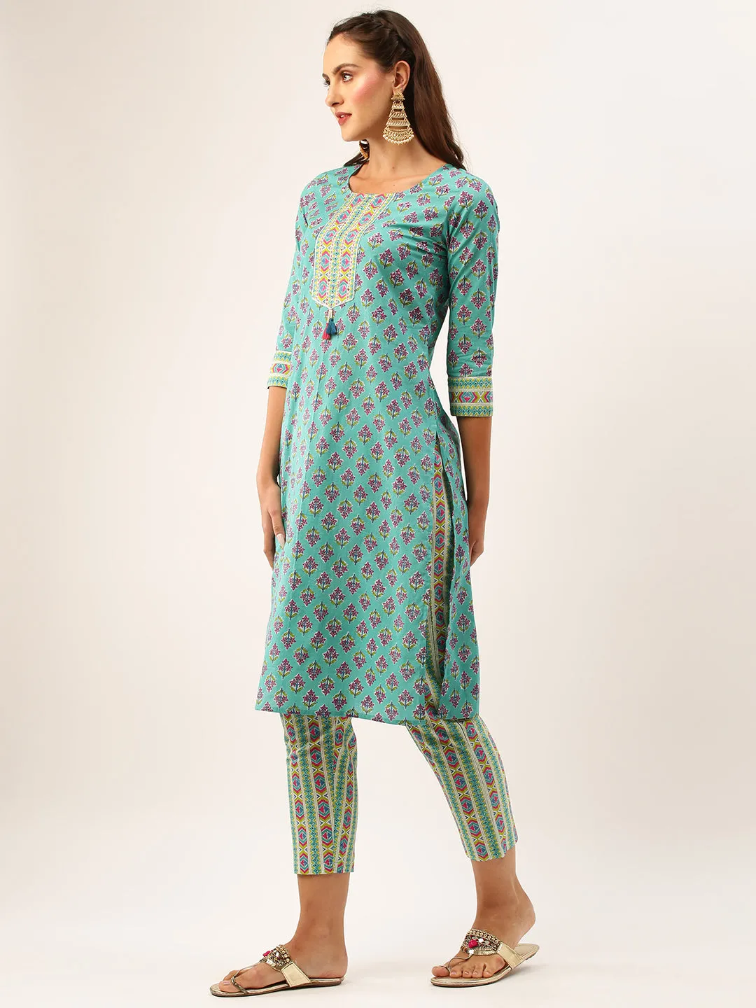 ZOLA Exclusive Round Neck Cotton All over Floral Block Print 3/4th Sleeves Aqua Kurta Set For Women