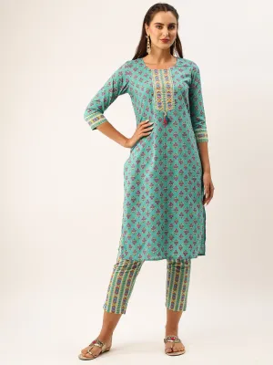 ZOLA Exclusive Round Neck Cotton All over Floral Block Print 3/4th Sleeves Aqua Kurta Set For Women