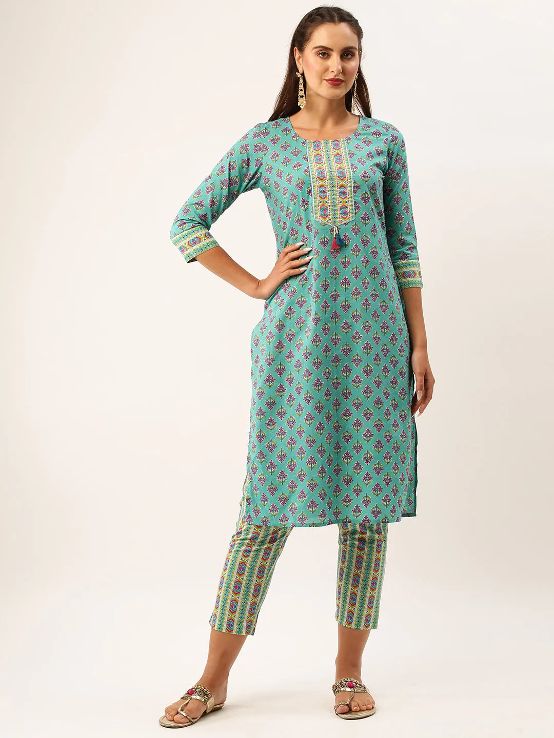 ZOLA Exclusive Round Neck Cotton All over Floral Block Print 3/4th Sleeves Aqua Kurta Set For Women