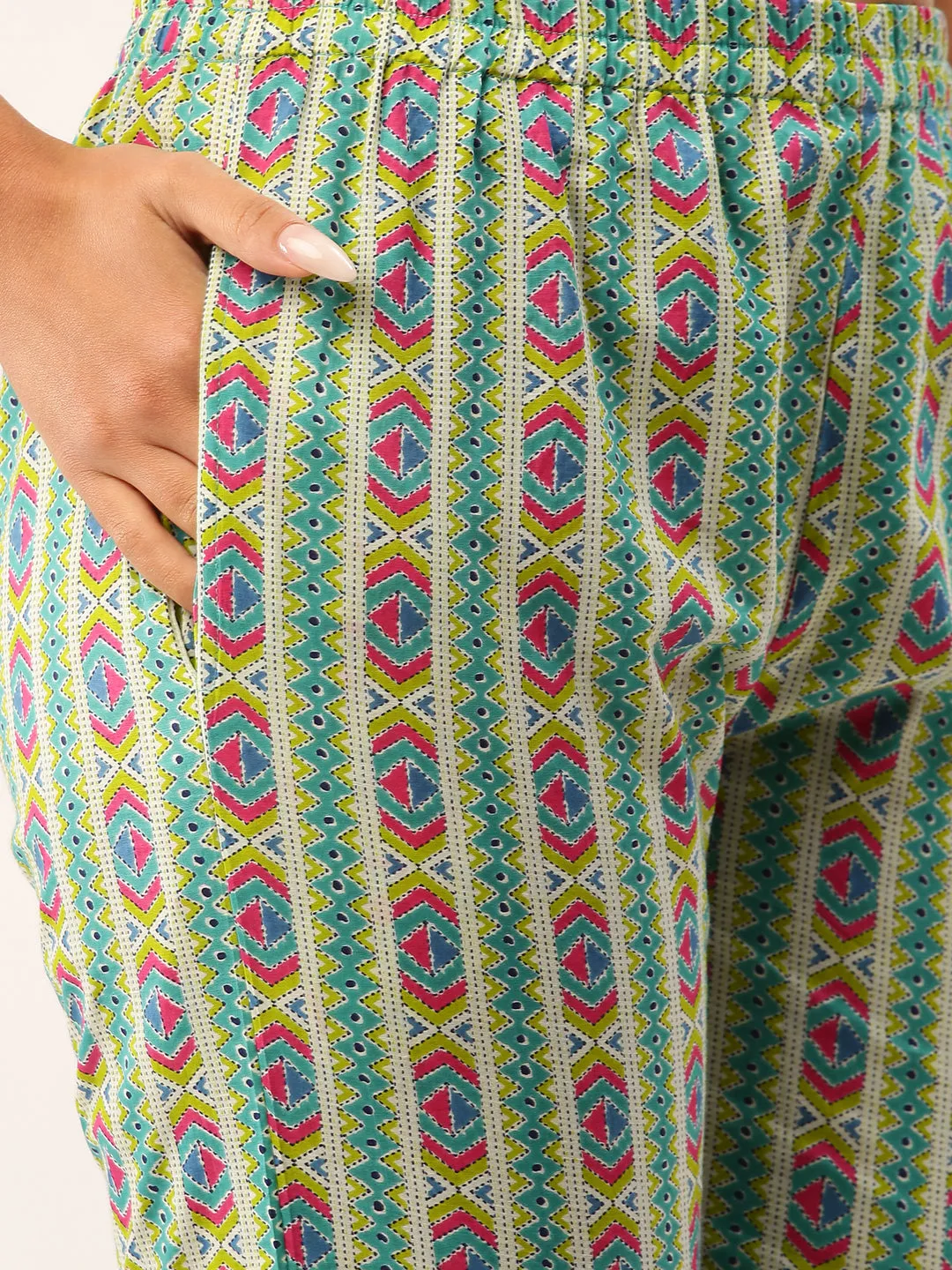 ZOLA Exclusive Round Neck Cotton All over Floral Block Print 3/4th Sleeves Aqua Kurta Set For Women