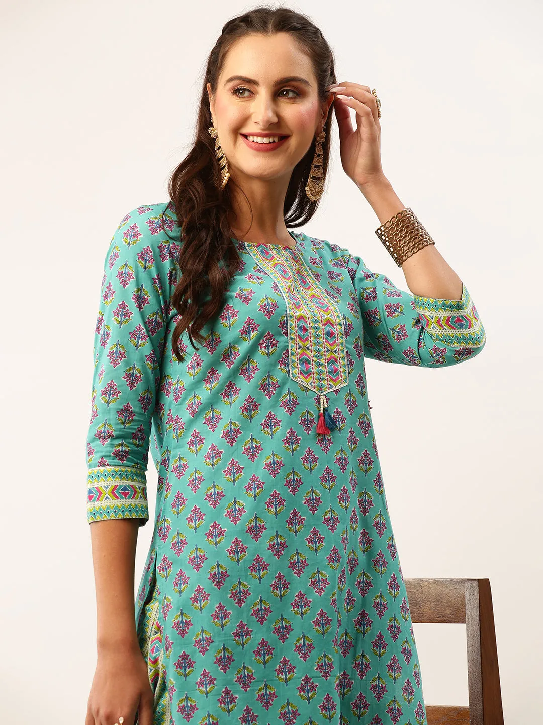ZOLA Exclusive Round Neck Cotton All over Floral Block Print 3/4th Sleeves Aqua Kurta Set For Women